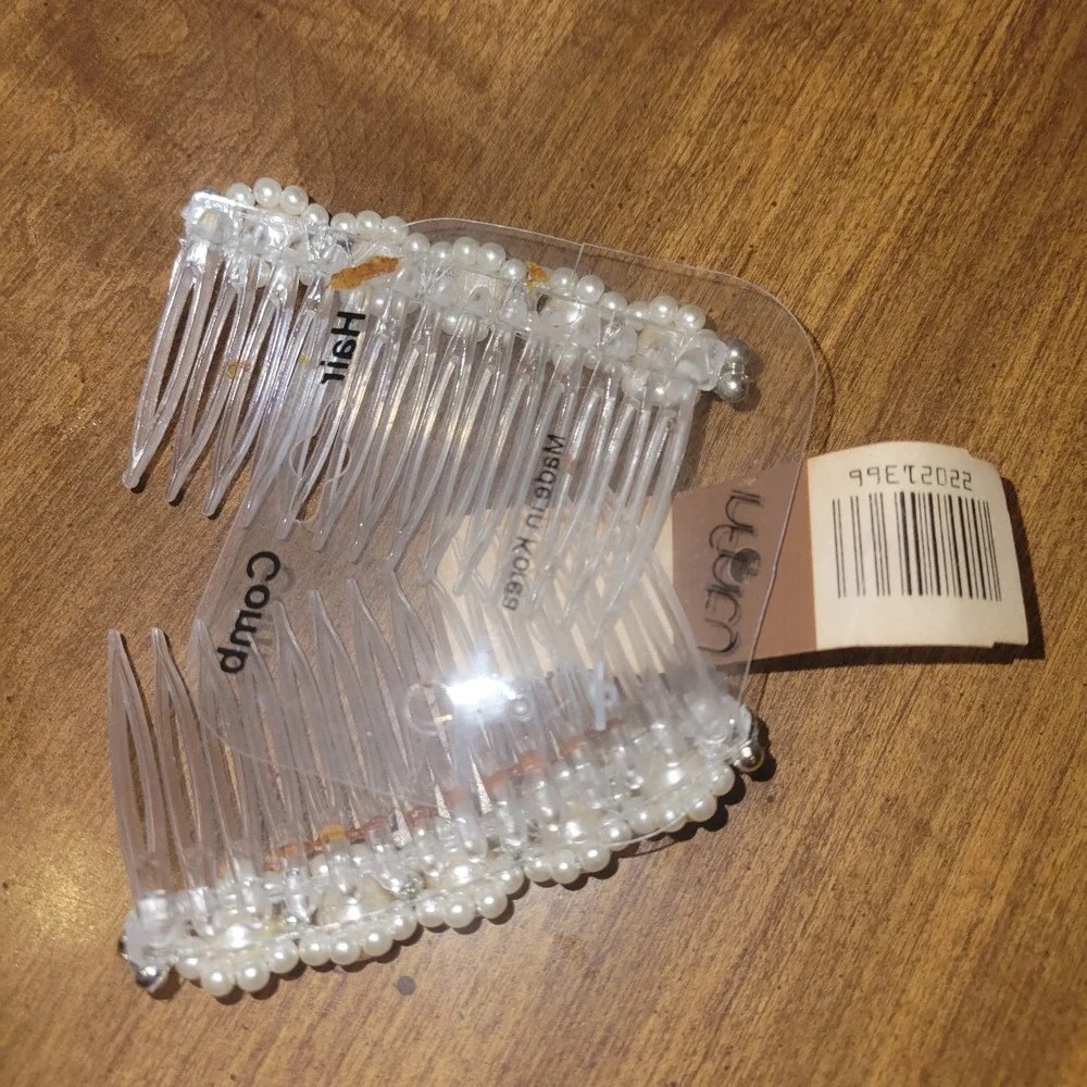 Vintage Faux Pearl Hair Comb Set Clear Plastic Bridal‎ Wedding Hair...